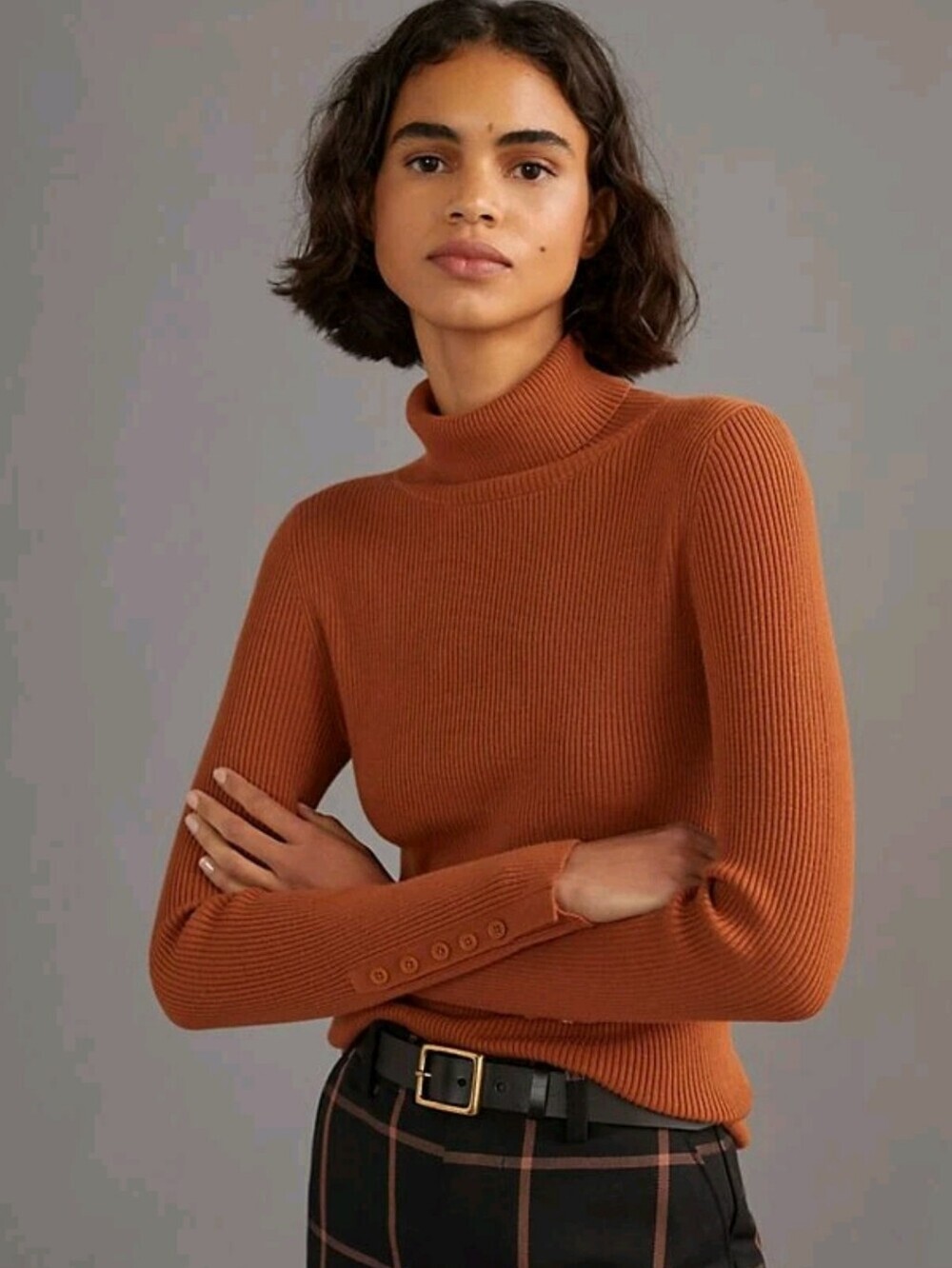 Anthropologie Maeve Button-Sleeve Turtleneck size L pecan color
